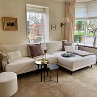 Sfeerfoto Scandinavische hoekbank Denver bouclé wit rechts