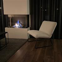 Sfeerfoto Scandinavische fauteuil Merle taupe/beige stof gemêleerd